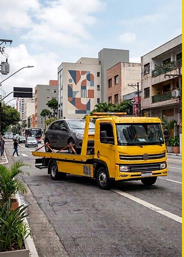 Caminhão-guincho amarelo transportando um veículo em São Paulo